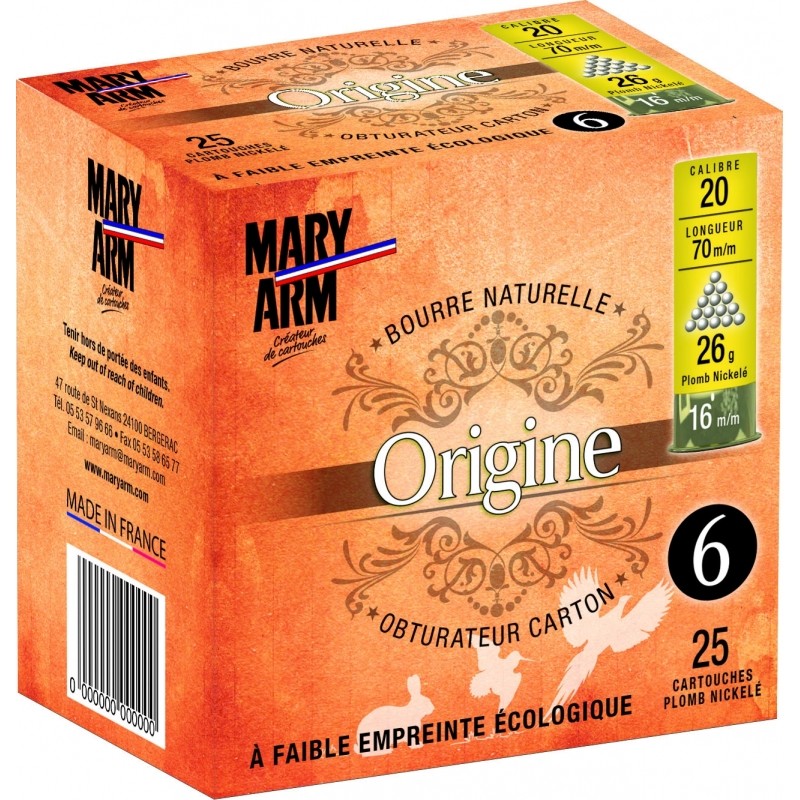 Cartouche Mary Arm Origine 26 / Cal. 20 - 26 g, MADE IN CHASSE - Equipements de chasse