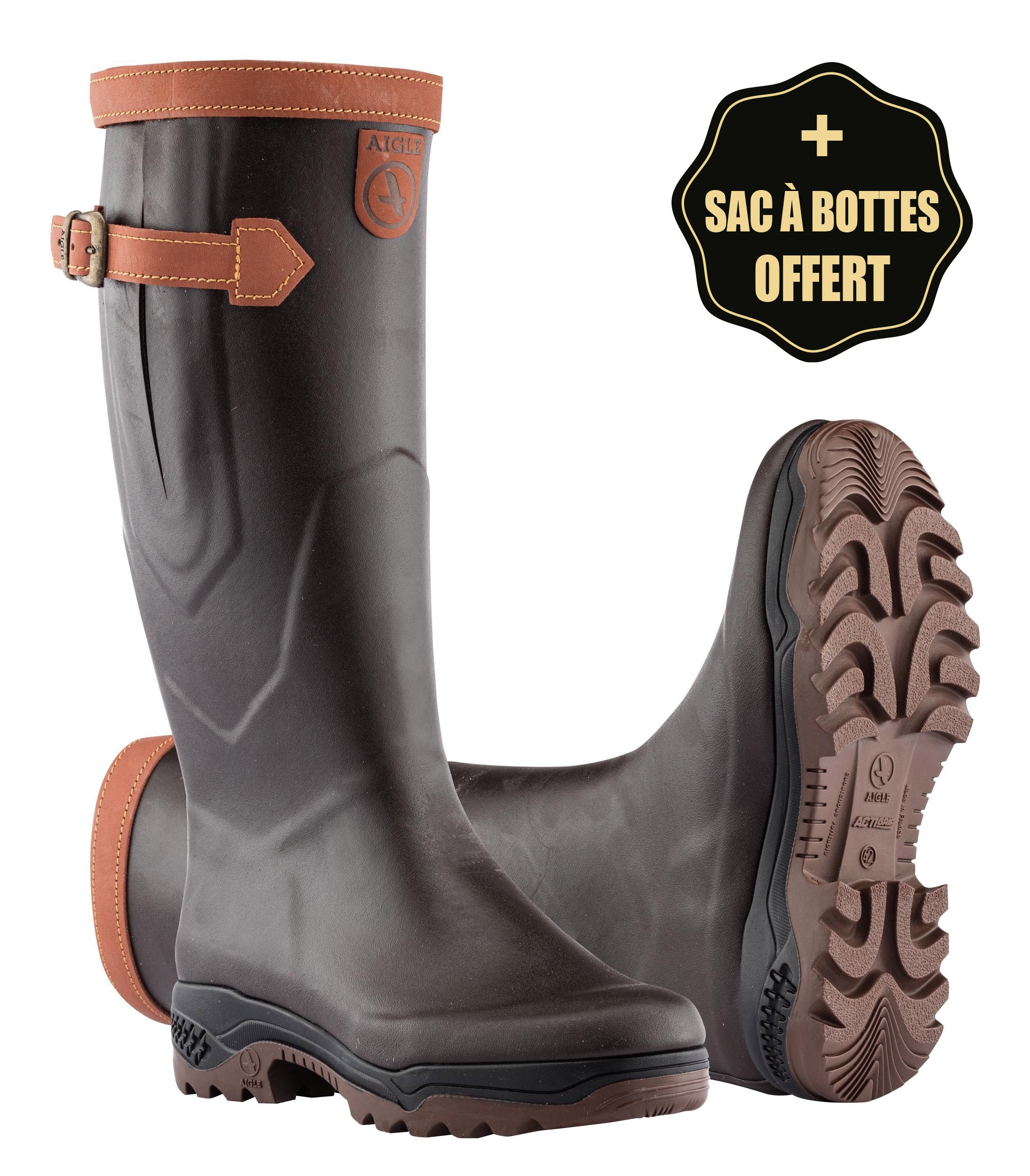 Bottes de chasse Aigle Parcours 2 Signature Pied Fort + Sac à bottes Rubberbag, Marron, Taille 43, MADE IN CHASSE - Equipements de chasse